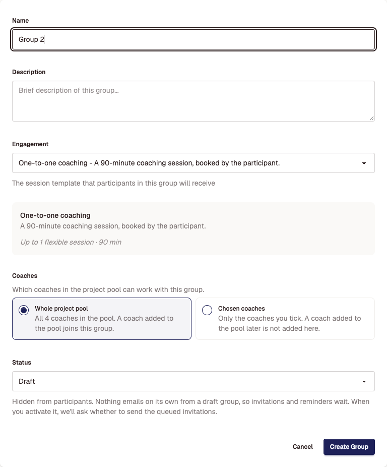 The New Group form: name, description, engagement with a summary of its sessions, coaches, and status set to Draft.