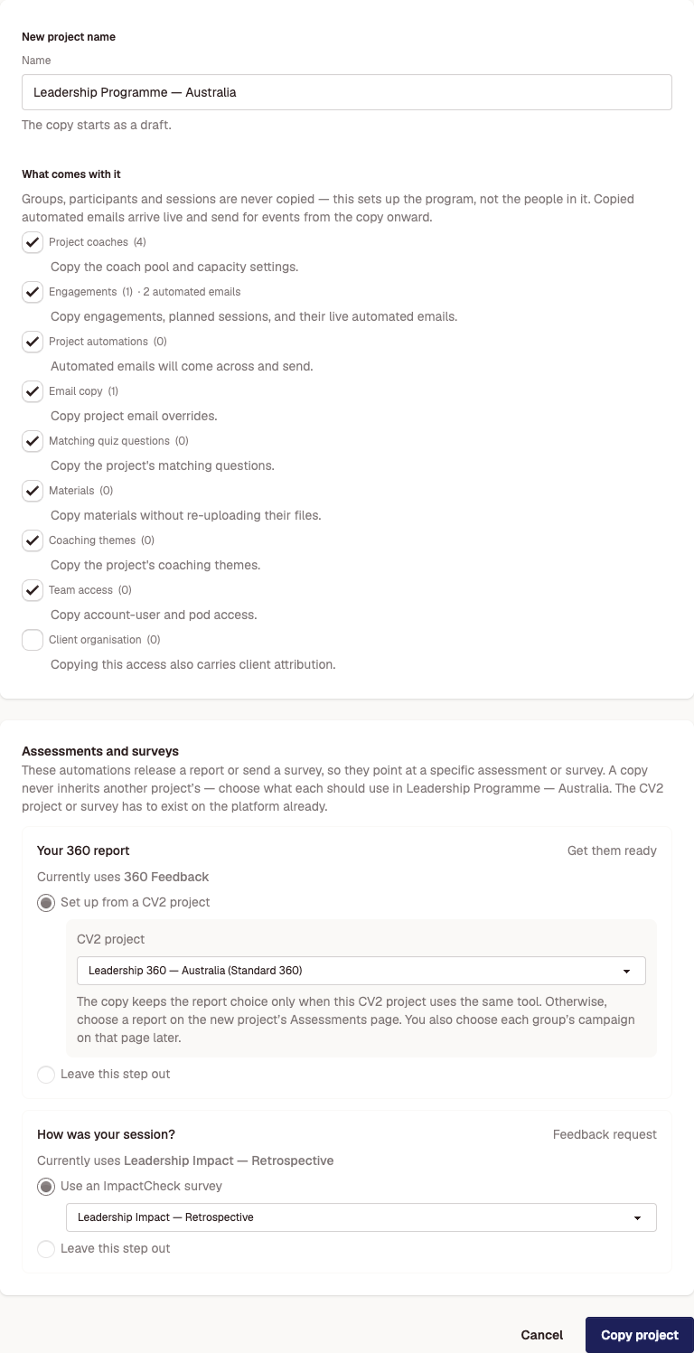 The Copy project page: the new project's name, the list of what comes with it, and the assessments and surveys step with a CV2 project and an ImpactCheck survey chosen.