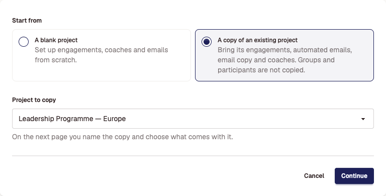 The Create Project page with Start from set to A copy of an existing project, and a project chosen to copy.