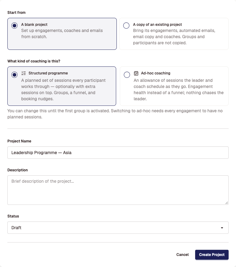 The Create Project form with Start from set to A blank project, the two kinds of coaching, the project name, description and status.