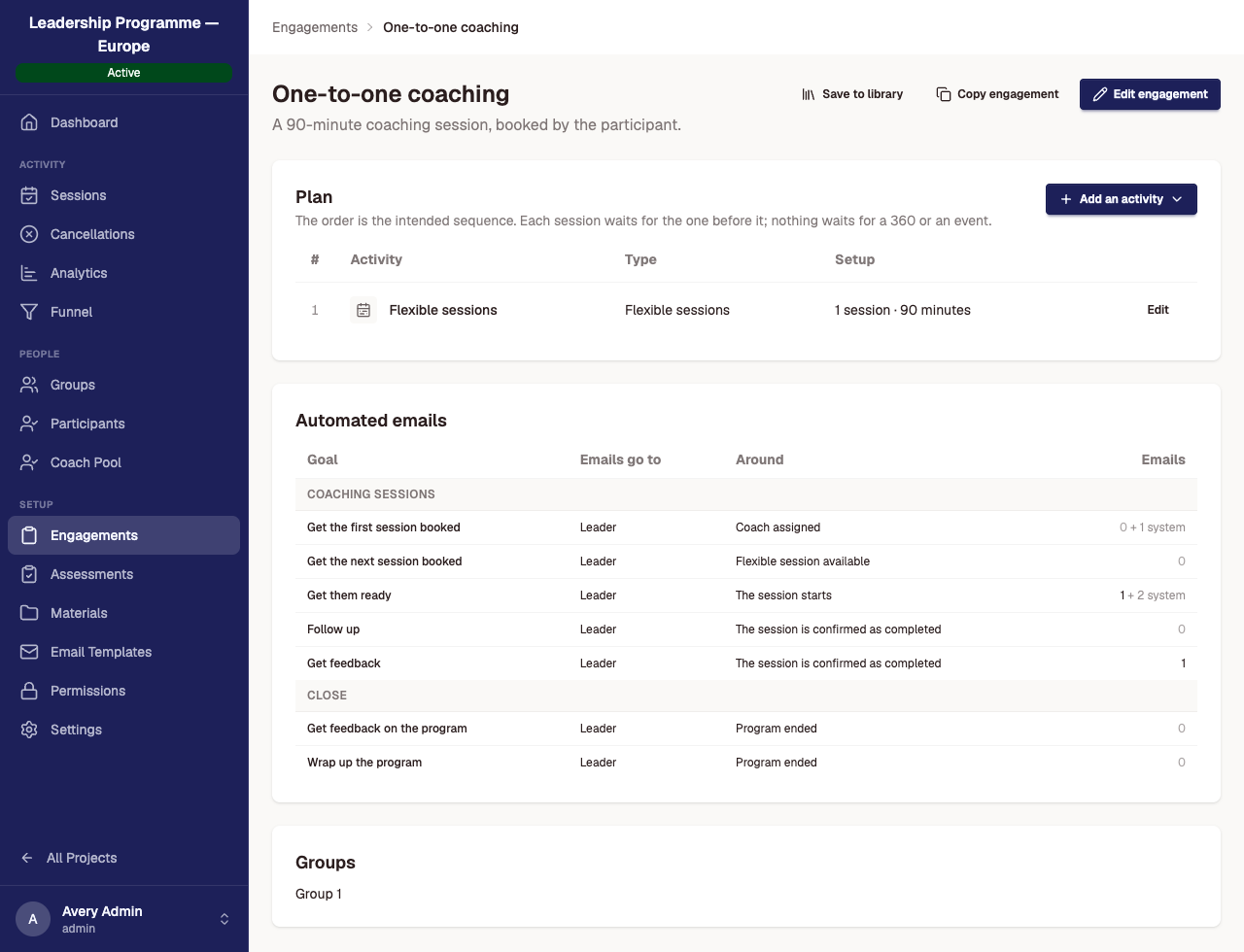 An engagement's page: the header with Save to library, Copy engagement and Edit engagement, the Plan card with one flexible sessions row, and the Automated emails table grouped by goal.
