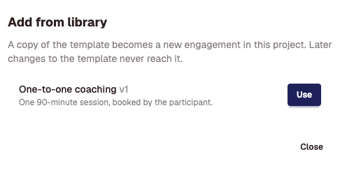 The Add from library dialog listing one template with a Use button.