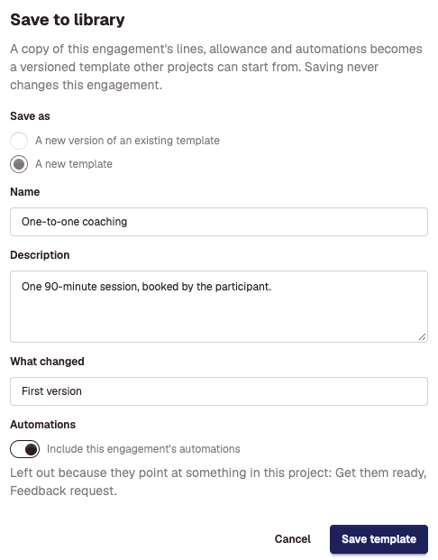 The Save to library dialog with the template's name, description and version note, the automations switch, and a note listing two automations that are left out.