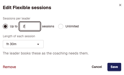 The Edit Flexible sessions dialog with Sessions per leader set to Up to 2 sessions and a length of 1 hour 30 minutes.